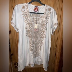 JOHNNY WAS Kemi Knit Draped Cotton Top Shirt Embroidered White Extra Large NWT